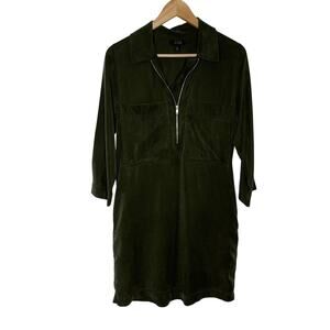 COS Zip Up Shirt Dress Womens 2 Green Pockets Lyocell Minimalist 3/4 Sleeve